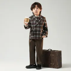 フォーマルスーツ 男の子 5点セット ジャケット+ベスト+パンツ+シャツ+ネクタイ チェック子供服 キッズ 入園式 入学式 卒業式 演出 冠婚葬祭