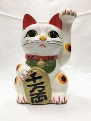 «花ラブリ»　MNN129L6　6号　19cm 　新品　招き猫　貯金箱　白　三毛猫　猫　ネコ　ねこ　家内安全　商売繁盛　金運招福　金運ＵＰ　縁起物　手描き　武陽久調堂製