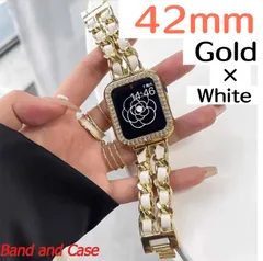 42mm  ホワイトゴールド　２点セット　アップルウォッチ　カバー　キラキラ　ケース　チェーンベルト　バンド　セット　レザー