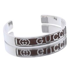グッチ GUCCI バングル ブレスレット ロゴ シルバー Ag925 レザー  レディース 女性 メンズ 男性 【中古】