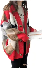 Lion garden(ライオンガーデン) LG184 赤 アーガイル柄 長袖 カーディガン( レッド,  M)