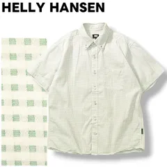 【美品】 ヘリーハンセン HELLY HANSEN ボタンダウン 半袖 シャツ M ギンガム チェック柄 グリーン x ホワイト メンズ
