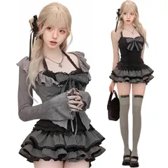 新品 [Ligwon] 地雷系 服 コスプレ セットアップ ゴスロリ かわいい レディース 長袖 病みかわいい 上下セット ミニスカート ケーキ スカート レディース ファッション おしゃれ ブラック グレー 原宿系 韓国系 春 夏 秋 ハロウィーン クリスマ