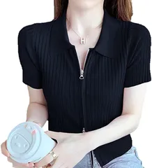 ASUMINARI(アスミナリ) AS80 襟付きカットソー ニット ダブルジップ 半袖 ジップアップ ショート丈 F( ブラック,  Free Size)