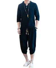 [CosMisty] 甚平 メンズ 半袖 作務衣 浴衣 麻 亜麻 リネン 男性用 夏祭り 花火 大会 しじら織り 大きいサイズ セットアップ 刺繍 (ブラック, 2XL) [ブラック] [2XL]