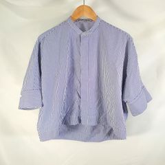 MACPHEE マカフィー コットンブロードバンドカラークロップドシャツ ストライプ柄 ブルー系 青色 五分丈 カジュアル オフィスカジュアルのサムネイル