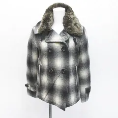 エディーバウアー EDDIE BAUER チェック柄 ピーコート S 灰系 グレー ポケット 毛 ウール 裏地のサムネイル