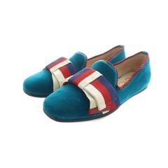 【中古】グッチ GUCCI パンプス スリッポン フラットシューズ ベロア シェリーライン リボン 34 21.5 ブルー 496594 グッチ GUCCI パンプス スリッポン フラットシューズ ベロア スクエア