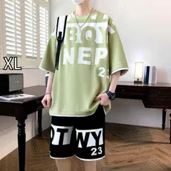 [XL]メンズ ファッション 服 男性用 オシャレ シンプル 大人 かっこいい 大きいサイズ ストリート 紳士服 スポーツウェア スーツ 夏 ラウンドネック プリント 半袖 パンツ カジュアル セット