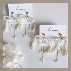 《304ステンレス 24KGP》ハンドメイドピアス リボン パール クリアオーロラビーズ チャーム バックキャッチ チェーン 可愛い ブライダル ゴールド シルバー イヤリング アレルギー対応