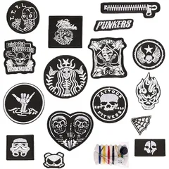 16Pcs 刺しゅうパッチ アップリケ アイロンワッペン セット おしゃれ どくろ DIY装飾 格好いい ハンサム パンク オートバイ アクセサリー ファッション 服 バッグ 帽子などの装飾 飾り 1