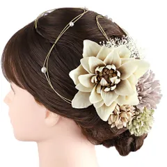 髪飾り 成人式 水引 振袖 前撮り 袴 花 7点セット クリーム色 白 ベージュ 緑 灰紫 ゴールド 花 カスミソウ 造花 パールビーズ No.12-0987