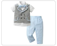 子供服 キッズ フォーマル スーツ 男の子 ベビー服 半袖シャツ（フェイクベスト）+ズボン 2点セット 夏 ブリティッシュスタイル タキシード風 卒園式 入園式 七五三 お宮参り 結婚式 入学式 90 100 110 120 130 140cm