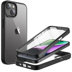 iPhone 14 6.1インチ用 ケース JEDirect 液晶保護フィルム内蔵 傷つけ防止 フルボディ 360°全面 保護カバー クリアバック (ブラック)