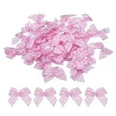 uxcell 100個セット ミニギンガムリボンボウ 1インチ チェック柄サテンリボンボウ クラフト DIY ヘアボウ 裁縫 結婚式 誕生日パーティー用 ピンクとホワイト