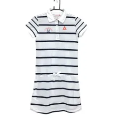 ルコック 半袖ポロワンピース 白×ネイビー ボーダー柄 ロゴ刺しゅう ウエスト調節紐  レディース M ゴルフウェア le coq sportif