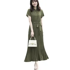 【新品】 [Ｓｕｅｅｙａ] スイーヤ ワンピース レディース ロング プリーツ リボン シフォン シャツワンピ 半袖 ウエストゴム タック 着痩せ 可愛い おしゃれ きれいめ お呼ばれ 結婚式 通勤 ドレス 夏 0