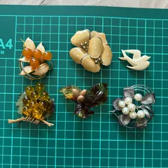 ヴィンテージ ブローチ スカーフクリップ 花 植物 木の実 鳥モチーフ シルバー まとめ 6個セット★アンティーク レトロ