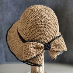 サマーハット：春夏用・リボン《オートミール×ブラック》ハンドメイド
