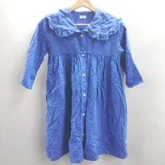 ◇ ⊂ LOWRYS FARM ラウンドカラー フリル キッズ 長袖 ロング ワンピース サイズ120-130 ブルー系 女の子 E  【1412090009228】