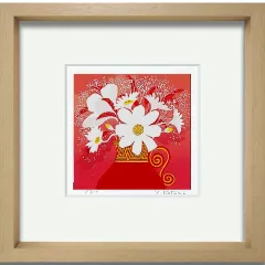 吉岡浩太郎『白い花』版画 額入り 新品 絵画 静物画 赤い花瓶 風水開運画