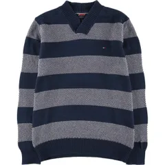 古着 トミーヒルフィガー TOMMY HILFIGER ボーダー柄 Vネック コットンニットセーター メンズL相当/eaa399719