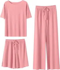 グリーンパキラ レディース ルームウェア パジャマ 可愛い ナイトウェア 上下セット 半袖 寝巻き 薄手 接触冷感 旅行 トラベル 入院 プレゼント ギフト 女性 婦人 シニア ウエストゴム ショートパンツ(ピンク,  Free Size)
