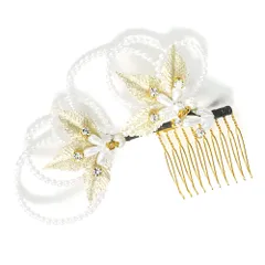 髪飾り コーム型 ラインストーン パール ゴールド 白 キラキラ ラメ リーフ 葉 丸 円 サークル 小さい かんざし かわいい 粋 No.9-3371