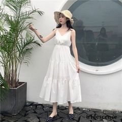 キャミソール ワンピース レディース Vネック ホワイト 白ワンピース 膝丈 着痩せ 40代 きれいめ お呼ばれ 結婚式 パーティー ドレスLFY10本日限定