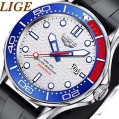新品 LIGE スポーツオマージュウォッチ メンズ腕時計 ブルー＆レッドベゼル