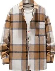 AIR BY(エアバイ) メンズ チェック柄 シャツ ジャケット 胸ポケット 重ね着 インナー ゆったり 大きいサイズ オーバー カラフル コンパクト ツートン スリム ユッタリ タウンユース キャンプ アウトドア フェス(イエロー,  2XL)