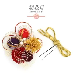 髪飾り 成人式 水引 赤 振袖 袴 花 2点セット ちりめん 黄色 紫 ゴールド 白 組紐 玉飾り かすみそう パールビーズ ラインスト No.12-0551