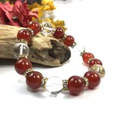 赤瑪瑙&水晶 パワーストーン ブレスレット 天然石 12mm (ゴールド) 7月誕生石 メンズ・レディース 男性・女性  数珠  □