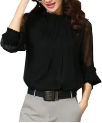 [Dep Club] このコスパでこの贅沢感 シアートップス シースルー トップス レディース 長袖 シャツ 襟 シフォン フリル 服 秋服 フォーマル シースルーシャツ ブラウス 秋 冬 秋冬 (L, ブラック) [ブラック] [L]