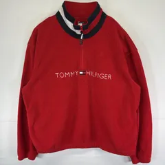 古着 トミーヒルフィガー TOMMY HILFIGER フリーストレーナー ハーフジップ ロゴ刺繍 大きいサイズ プルオーバー  襟フラッグ XXL  レッド メンズ