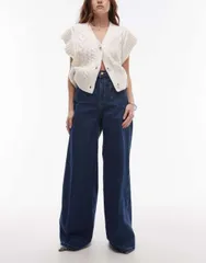 【送料無料】 マンゴ レディース デニムパンツ ボトムス Mango gold button wide leg jean in dark blue BLUE