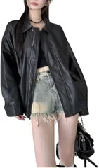 AQUA Marine レディース レザージャケット PUレザー オーバーサイズ ブルゾン ゆったり ビッグシルエット スタンド襟 きれいめ カジュアル 春秋 韓国風(ブラック,  S)