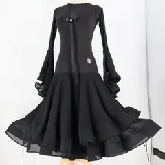 【美品 社交ダンス衣装】ブラック ワンピース ドレス 黒 無地 フリル レース 伸縮 ミニ丈 ラテン リボン 綺麗 上品 高級感 デモ 競技用 発表会 パーティ