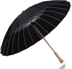 Lanx. （ランクスドット） 和傘 和風 軽い 24本骨 晴れ 雨 兼用 梅雨 対策 木製 手元 長傘 雨傘 番傘 紳士傘 耐風 撥水 グラスファイバー 引っ掛け ビニール ビジネス 持ち運び(黒(ブラック),  56 centimeters)