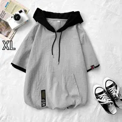 [XL]メンズ ファッション 服 オシャレ シンプル 大人 かっこいい 大きいサイズ ストリート 紳士服 半袖 薄手 スウェットシャツ T シャツ 夏 冷感 フード オーバー 七分袖
