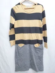 ◇ Reproduction ｉ ボーダー カジュアル 長袖 膝下丈 ワンピース ブラック ベージュ レディース P  【1406240043712】