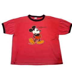 USA製 90s DISNEY MICKEY MOUSE OVER DYE S/S TEE XL 後染めトリム Tシャツ リンガー 赤 ディズニー ミッキーマウス 古着