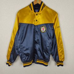 90s MIZUNO ミズノ World Win スタジャン 長袖 サテン ワッペン イエロー ネイビー Lサイズ メンズ 古着 アメカジ