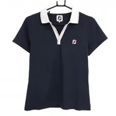 フットジョイ 半袖スキッパーシャツ ネイビー×白 ロゴピンク レディース L ゴルフウェア FootJoy