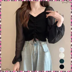 送料無料 ニットトップス ドローストリング 韓国風 ドッキングニット 袖切り替え ニットブラウス 袖透け感 レディース ショート丈ブラウス お洒落 カジュアルニット 着やせニットトップ Vネックニットソー きれいめ トップス