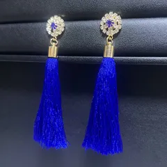 [100mm〜] 大振り ロングタッセル フリンジ ピアス（ブルー）エスニック アジアン ボヘミアン Bohoダンス 映画 劇団 パーティ AS-005-BL