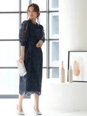 ネイビー【haremode ハレモード】刺繍レース/ コクーンシルエット/ セミタイト/ 七分袖/ 背中編み上げ/ バックファスナー/ ミディドレス/ 結婚式/ ワンピース [321157] S/M/L 送料無料 キャバドレス クラブ ラウンジ 結婚式