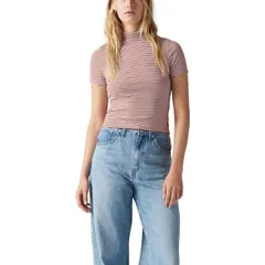 【送料無料】 リーバイス レディース Tシャツ トップス Women's Levi's Effortless Short Sleeve Mock Neck Tee Tumeric Stripe Picante