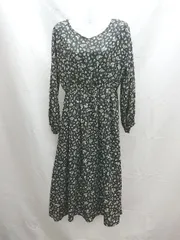 ◇ earth music&ecology アース Vネック ウエストゴム 花柄 長袖 ロング ワンピース サイズF ブラック レディース E  【1303290004598】