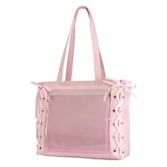 【新着商品】大容量トートバッグ 痛バッグ リボン付き 手提げ 肩掛け クリアポケット 推し活 イベント (ピンク) 0